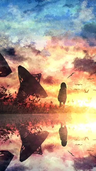 Silhouette of a girl by a lake at sunset