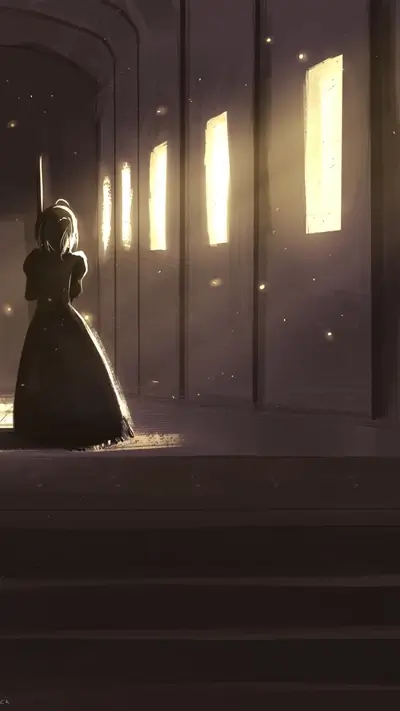 Silhouette of a girl in a long dress in a dark hallway
