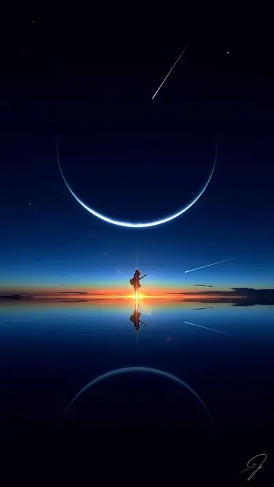 Silhouette of a girl playing guitar under a crescent moon