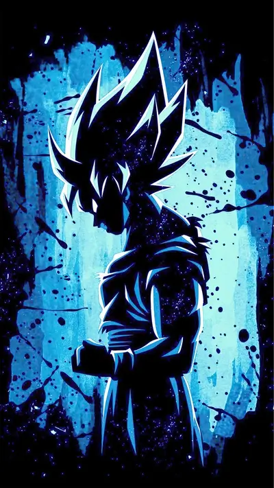 Silhouette of a male character with spiky hair in a distressed blue background