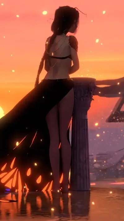Silhouette of a woman by a pillar at sunset