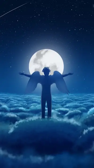 Silhouette of an angel-winged person standing on clouds under a full moon