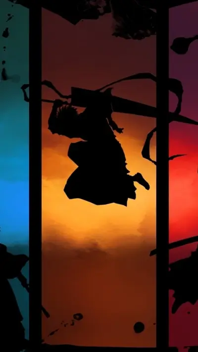 Silhouette of male figure holding a sword, in a colorfully splattered and splattered triptych
