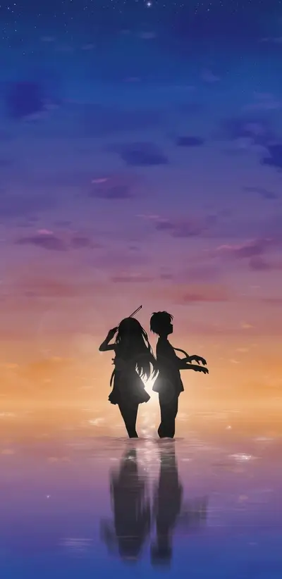 Silhouette of two figures during sunset, reflection on water