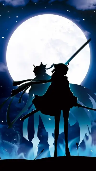 Silhouette of two figures wielding staffs, large moon in background