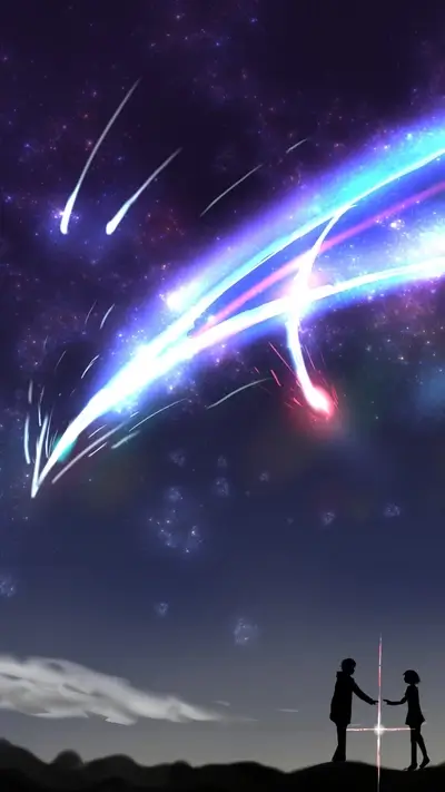 Silhouette of two people gazing at a vibrant comet