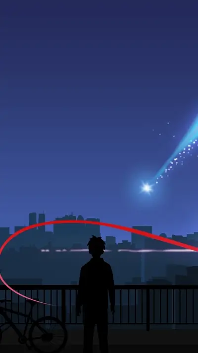 Silhouette person watching a meteor shower over a city