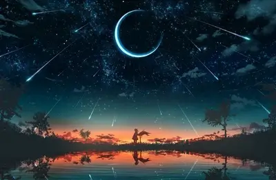 Silhouette stands in front of a lake under a meteor shower
