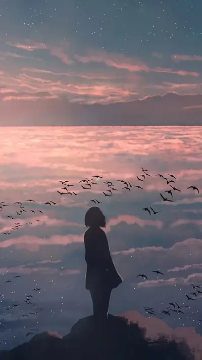 Silhouette watching a flock of birds fly amidst a colorful sky at night