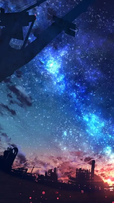 Silhouetted cityscape under a vibrant starry night sky, a blend of industrial and cosmic views