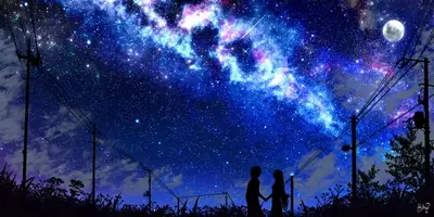 Silhouetted couple under a starry night sky