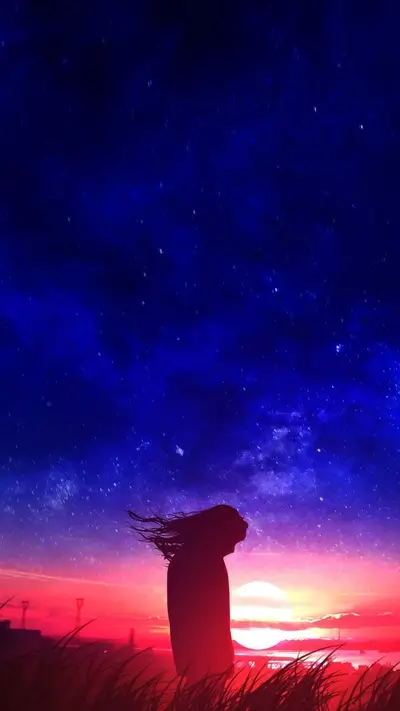 Silhouetted figure stands, facing vibrant sunset and starry sky