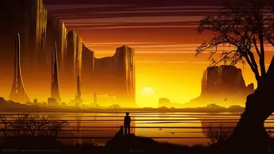 Silhouetted figure with dog, futuristic city at sunset