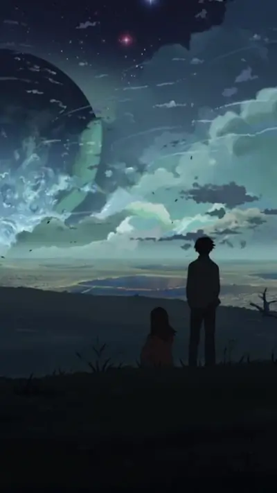 Silhouetted figures gazing at a vast, celestial landscape