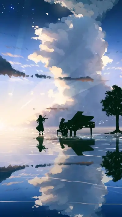 Silhouetted figures playing music by a calm lake