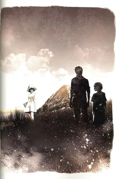 Silhouetted figures stand in tall grass, gazing at a distant hill