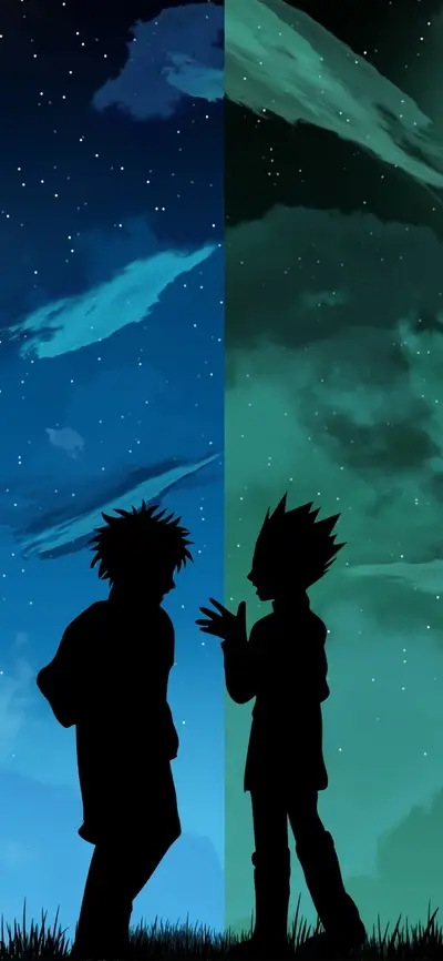 Silhouetted figures under contrasting skies, stars twinkling above, grass below