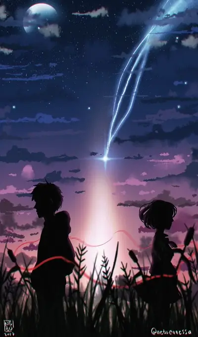 Silhouettes of two figures with a red string tying them together, against a meteor background