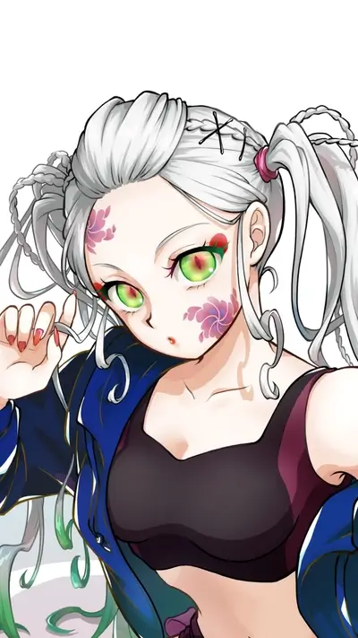Silver-haired woman with green eyes and facial tattoos