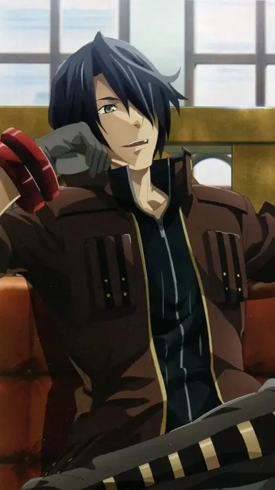 Sitting anime character, relaxed expression, resting an arm