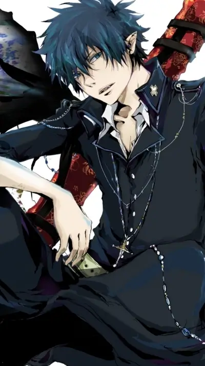 Sitting character, piercing blue eyes, striking dark blue hair, wearing jacket with silver details
