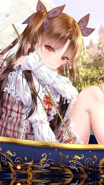 Sitting girl with fair skin, red eyes, long brown hair, and flowers.