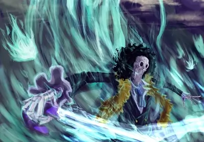 Skeleton character surrounded by teal flames