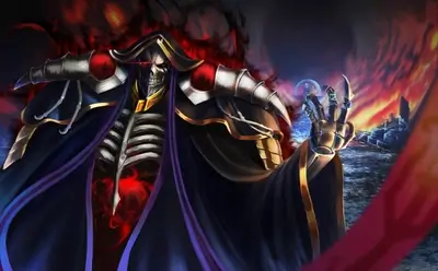 Skeleton ruler in dark robes holding out hand with glowing red orb