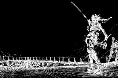 Sketch of action figures on a platform
