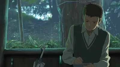 Sketching in notebook inside rainy garden pavilion