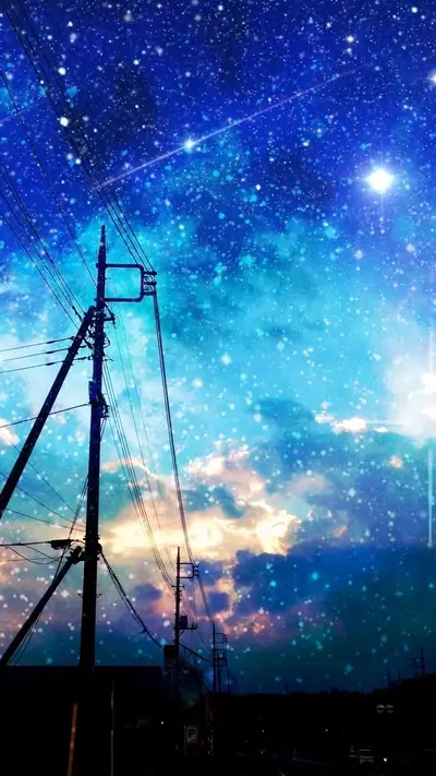 Sky filled with stars, powerlines silhouette against an ethereal colorful backdrop
