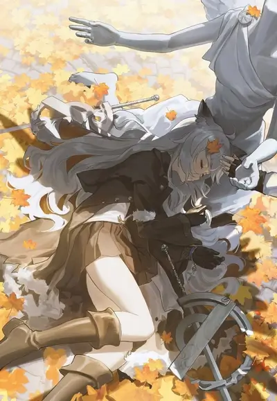 Sleeping girl in autumn leaves, guarded by a statue