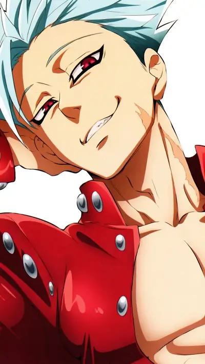 Sly grin, red eyes, and blue hair in this anime character portrait