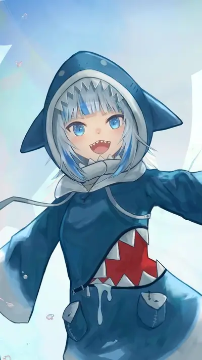 Smiling anime character wearing shark hoodie, with sharp teeth and striking blue eyes