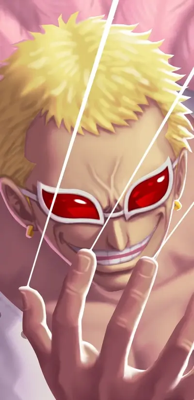 Smiling anime character with blonde hair and red glasses uses strings