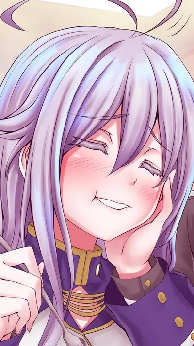 Smiling anime character with purple hair and rosy cheeks