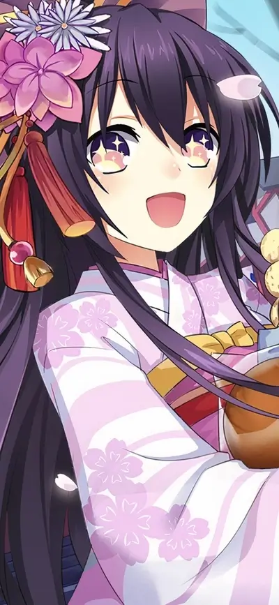 Smiling anime girl dressed in a pink floral kimono