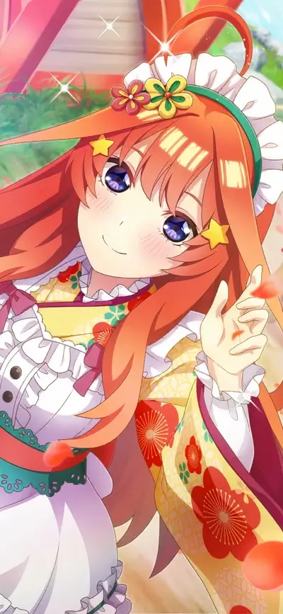 Smiling anime girl in a kimono and maid costume. Floral and star themes