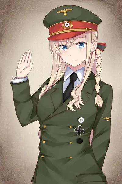 Smiling anime girl in military uniform saluting