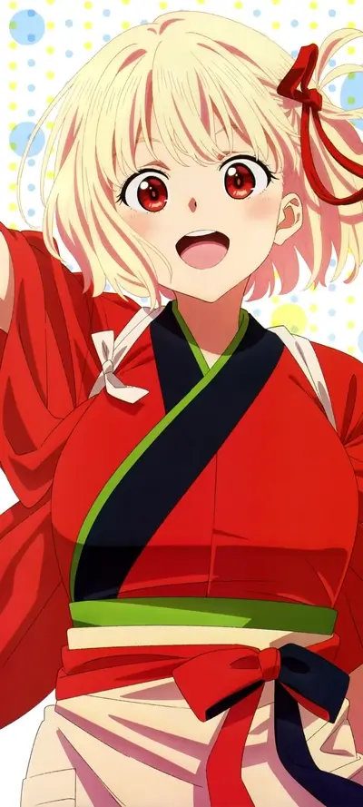 Smiling anime girl in red kimono