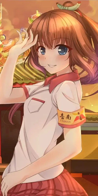 Smiling anime girl in school uniform saluting