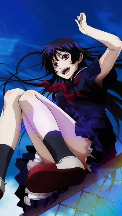Smiling anime girl in school uniform sitting above a fence against a blue sky