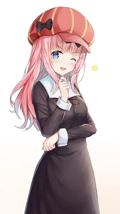 Smiling anime girl in school uniform with pink hair and cute hat