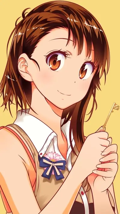 Smiling anime girl is holding golden key