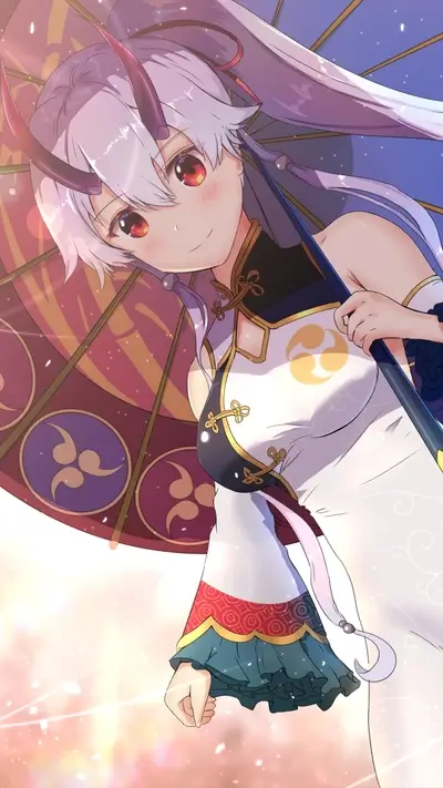 Smiling anime girl under umbrella, traditional Chinese dress, horns, red eyes