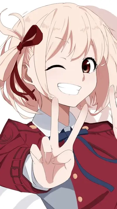 Smiling anime girl winking, making peace signs, wearing a red school uniform