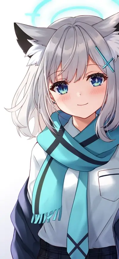 Smiling anime girl with animal ears and blue halo.