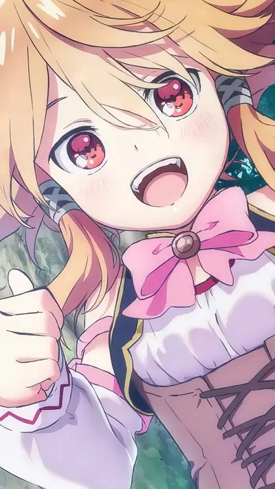 Smiling anime girl with blonde hair and pink bow