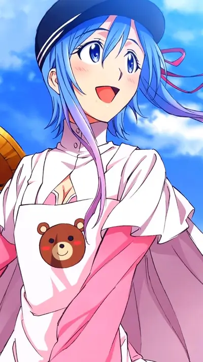 Smiling anime girl with blue hair and sailor hat in bright daylight sky