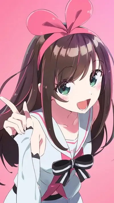 Smiling anime girl with brown hair and pink bow
